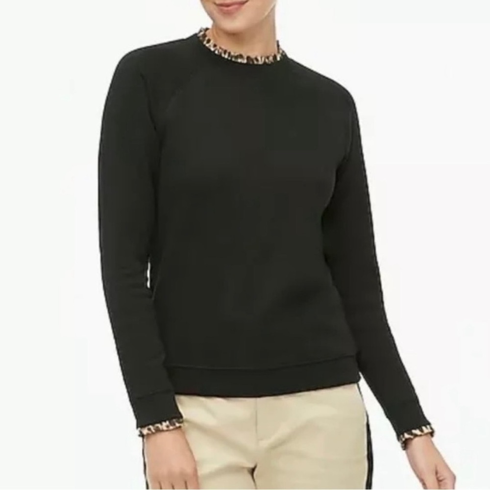 J. CREW Woven Ruffleneck Pullover Sweatshirt - Black/Leopard